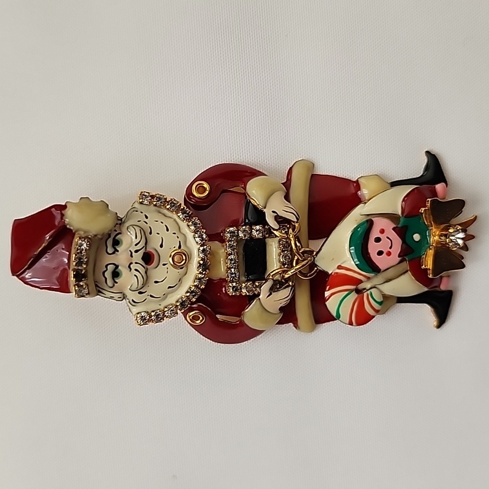 EUC Lunch At The Ritz Rhinestone Dangle Santa Clause Brooch With Elf